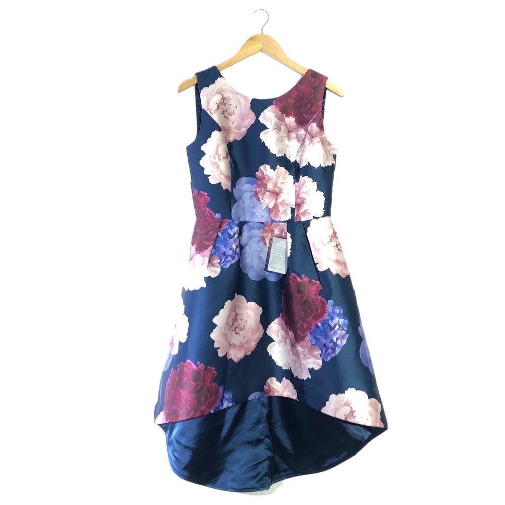 Chi Chi London Navy Blue Pink Floral Satin Dress 8